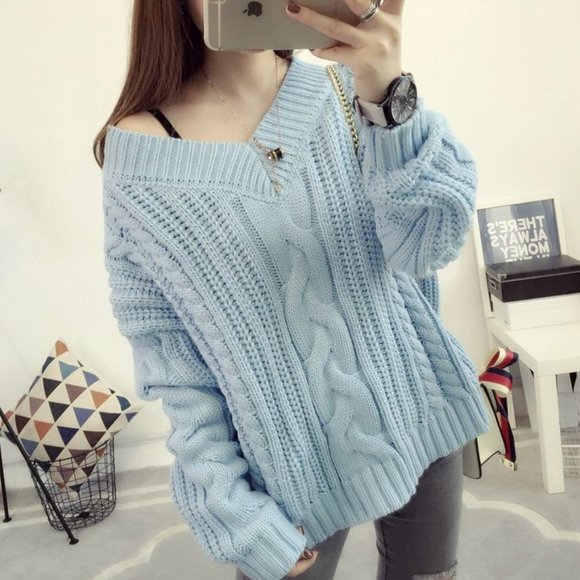 YesStyle Chunky Knit Blue Oversized Sweater - Picture 1 of 3